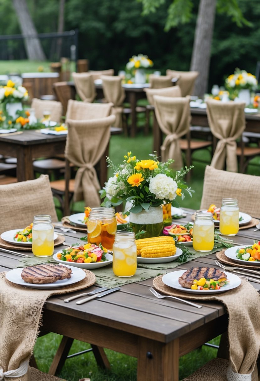 Outdoor BBQ tables with wooden chairs covered in burlap sacks, set with plates of grilled food and drinks, surrounded by greenery.