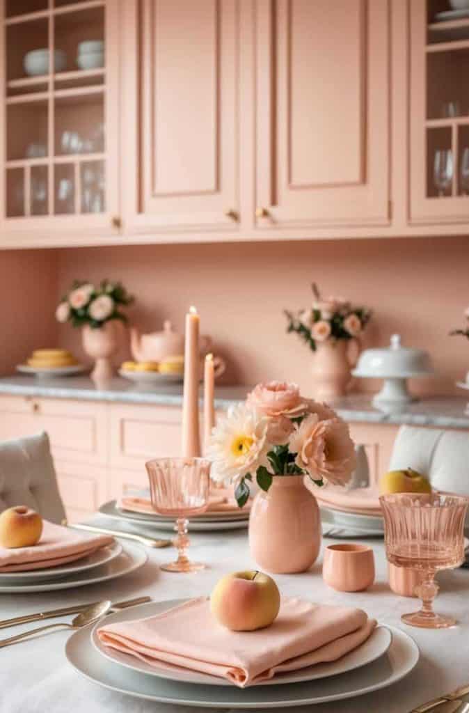 A dining table set with peach-colored plates, napkins, glassware, and vases, each place setting featuring a peach, against a peach-toned kitchen background.