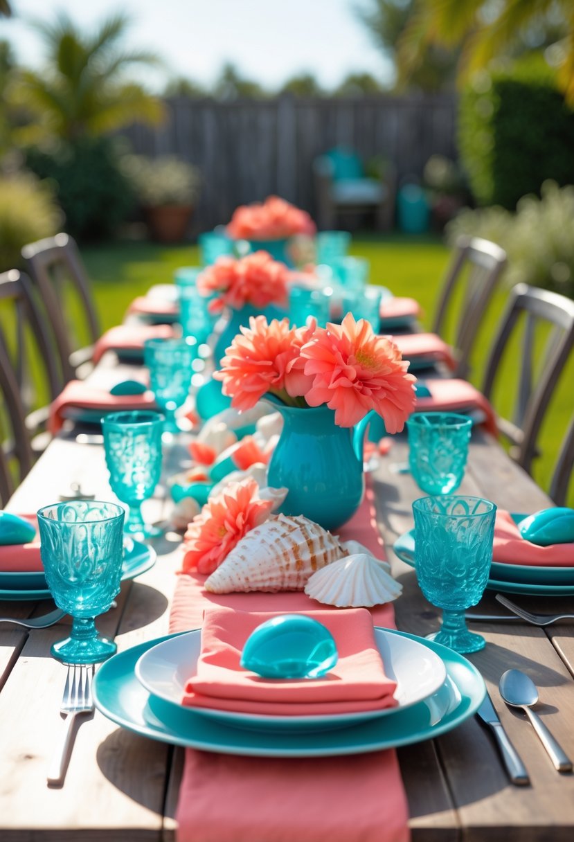 Outdoor BBQ table set with coral and turquoise decorations, including flowers, plates, and glassware, ready for a summer gathering.