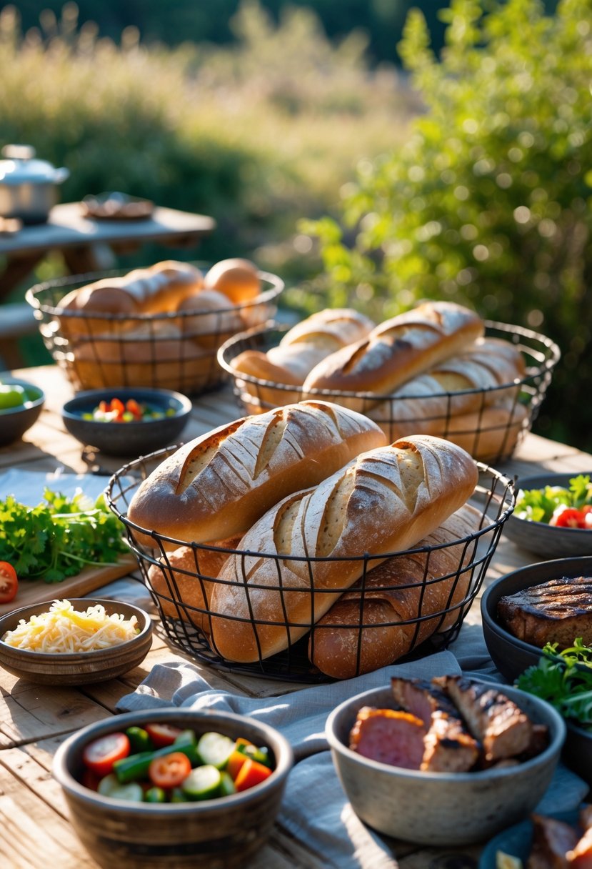 Outdoor picnic table with wire baskets filled with bread and various BBQ foods arranged for a meal.