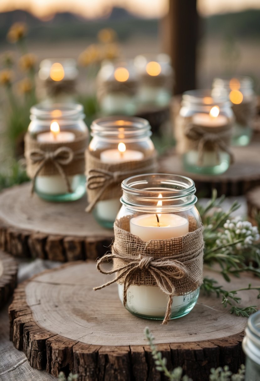Mason jar candle holders wrapped in burlap with lit candles on a rustic wooden table decorated with wildflowers and greenery.