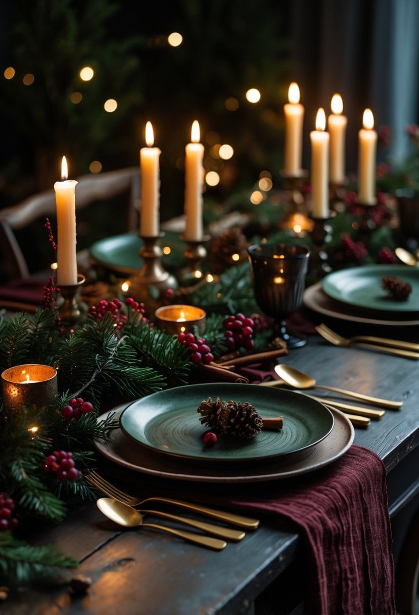 A dark, elegant Christmas dining table set with candles, greenery, plates, and festive decorations.