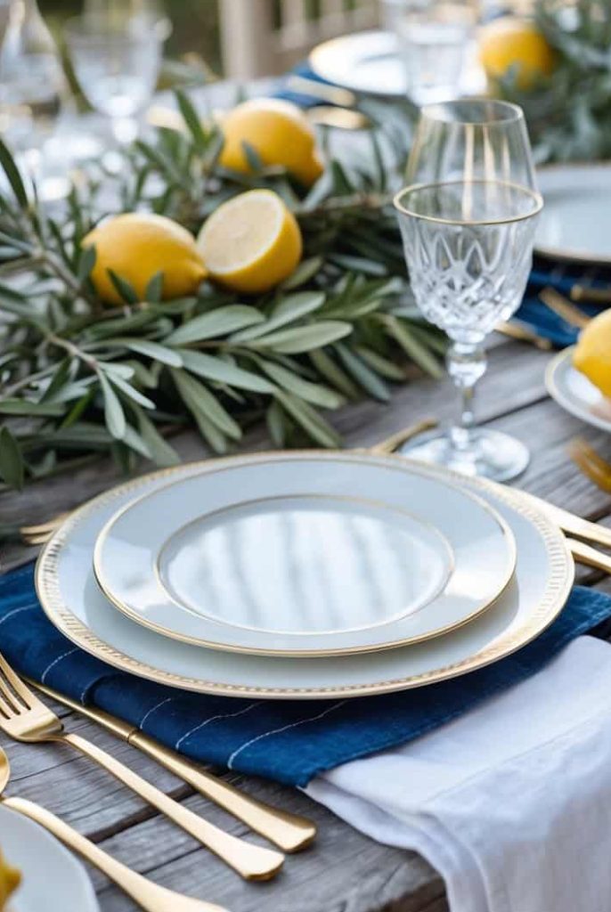 Lemon and greenery centerpiece on an elegant table setting with white and gold rimmed plates, crystal glasses, gold flatware, and navy blue napkins, perfect for a sophisticated outdoor gathering.