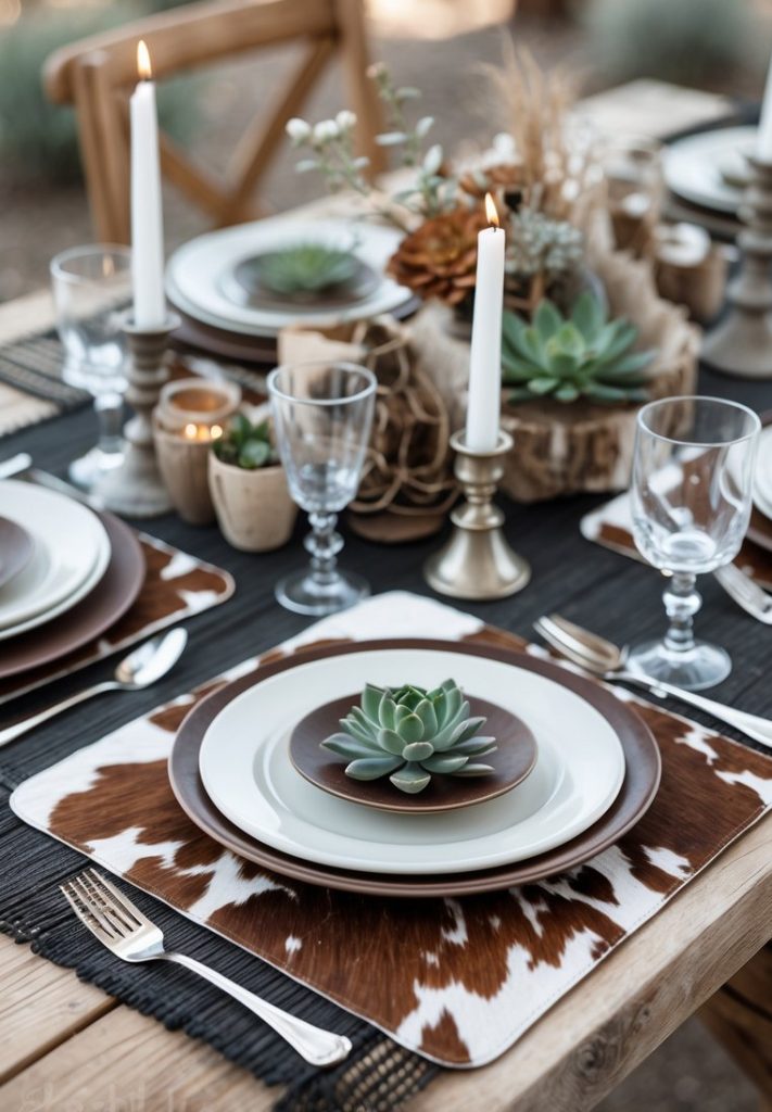 A rustic table setting with cowhide placemats, stacked plates, succulents as centerpieces, lit white candles, and glassware arranged neatly for four people.