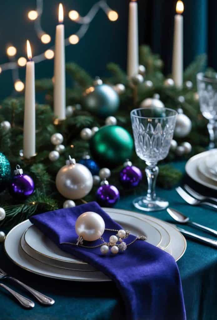 A festive table setting with lit candles, crystal glassware, white plates, silver cutlery, a purple napkin, and Christmas ornaments among evergreen branches.