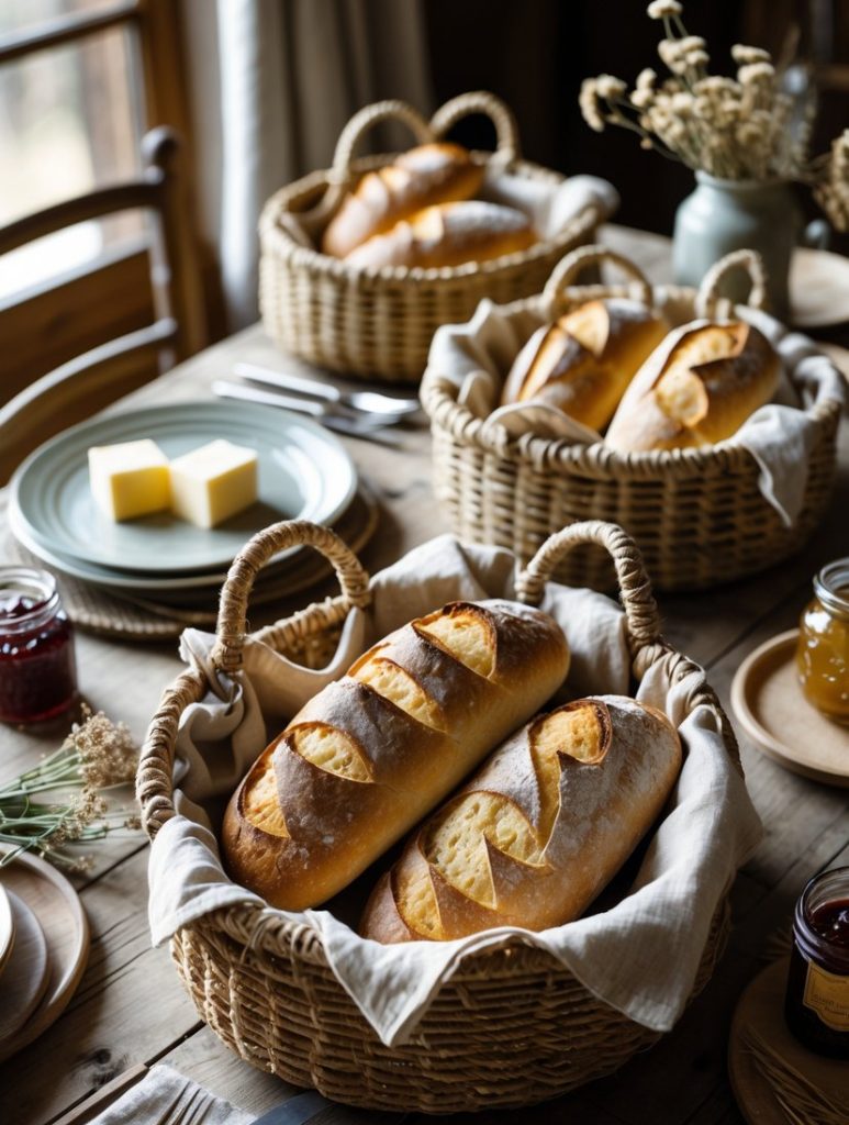 Three wicker baskets lined with cloth hold loaves of rustic bread on a wooden table set with plates, butter, jars of jam, and dried flowers.