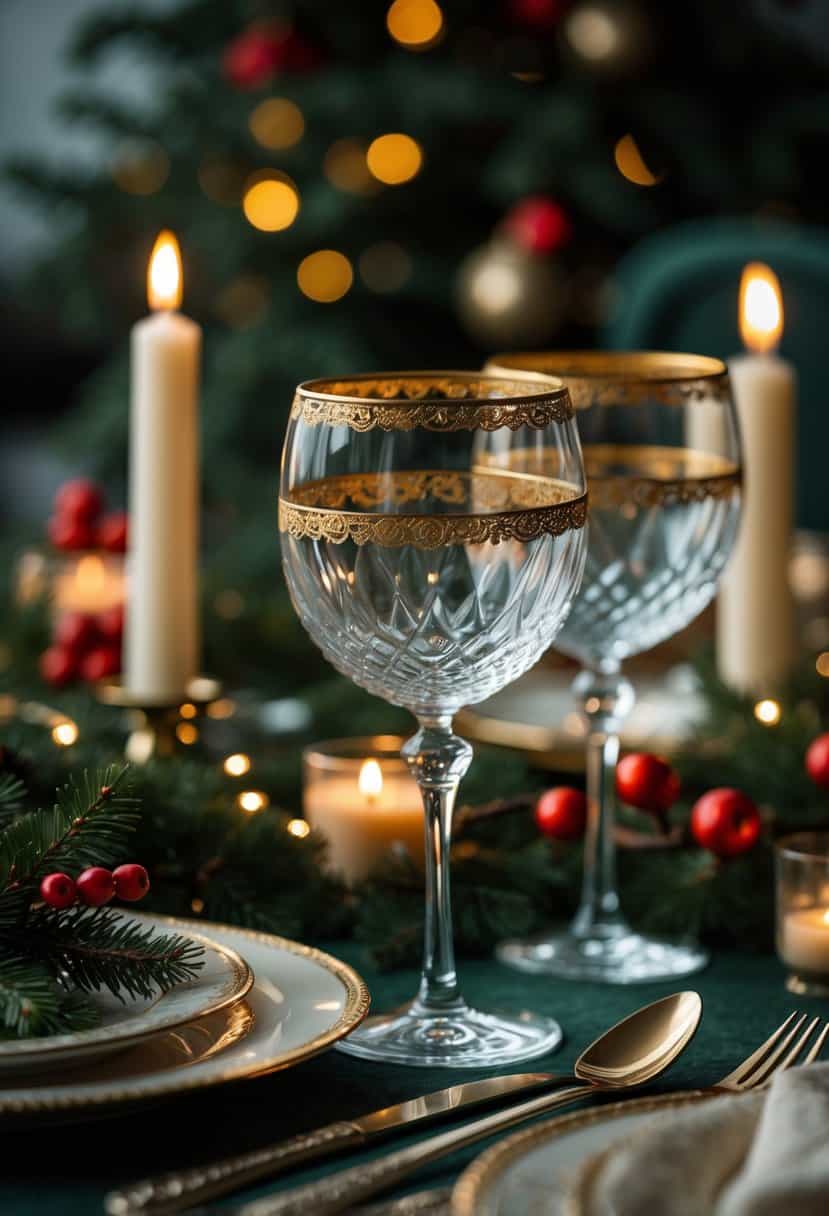 A Christmas table set with gold-rimmed crystal wine glasses, candles, pine branches, and festive decorations in warm lighting.