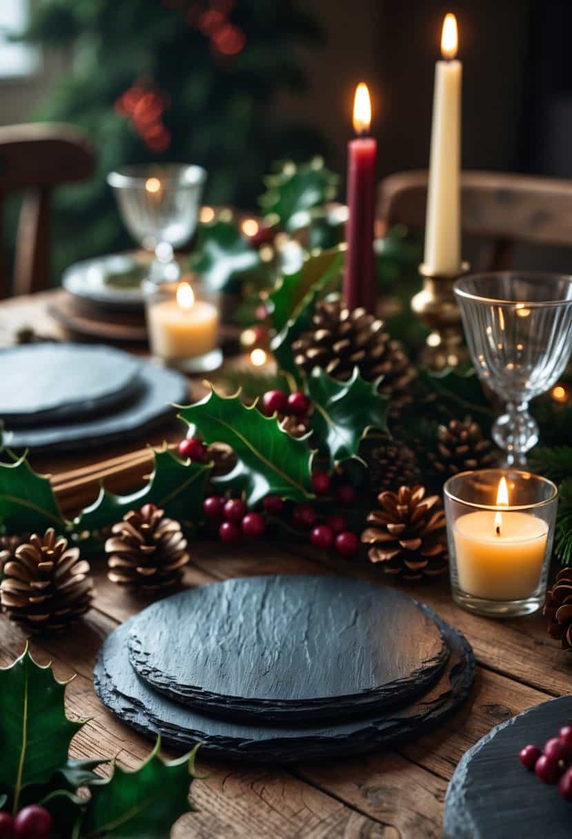A Christmas table setting with dark slate coasters, candles, pinecones, and festive greenery on a wooden table.