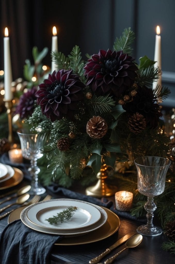A formal dining table set with white and gold plates, crystal glasses, pine sprigs, dark flowers, pinecones, candles, and evergreen arrangements for a festive occasion.