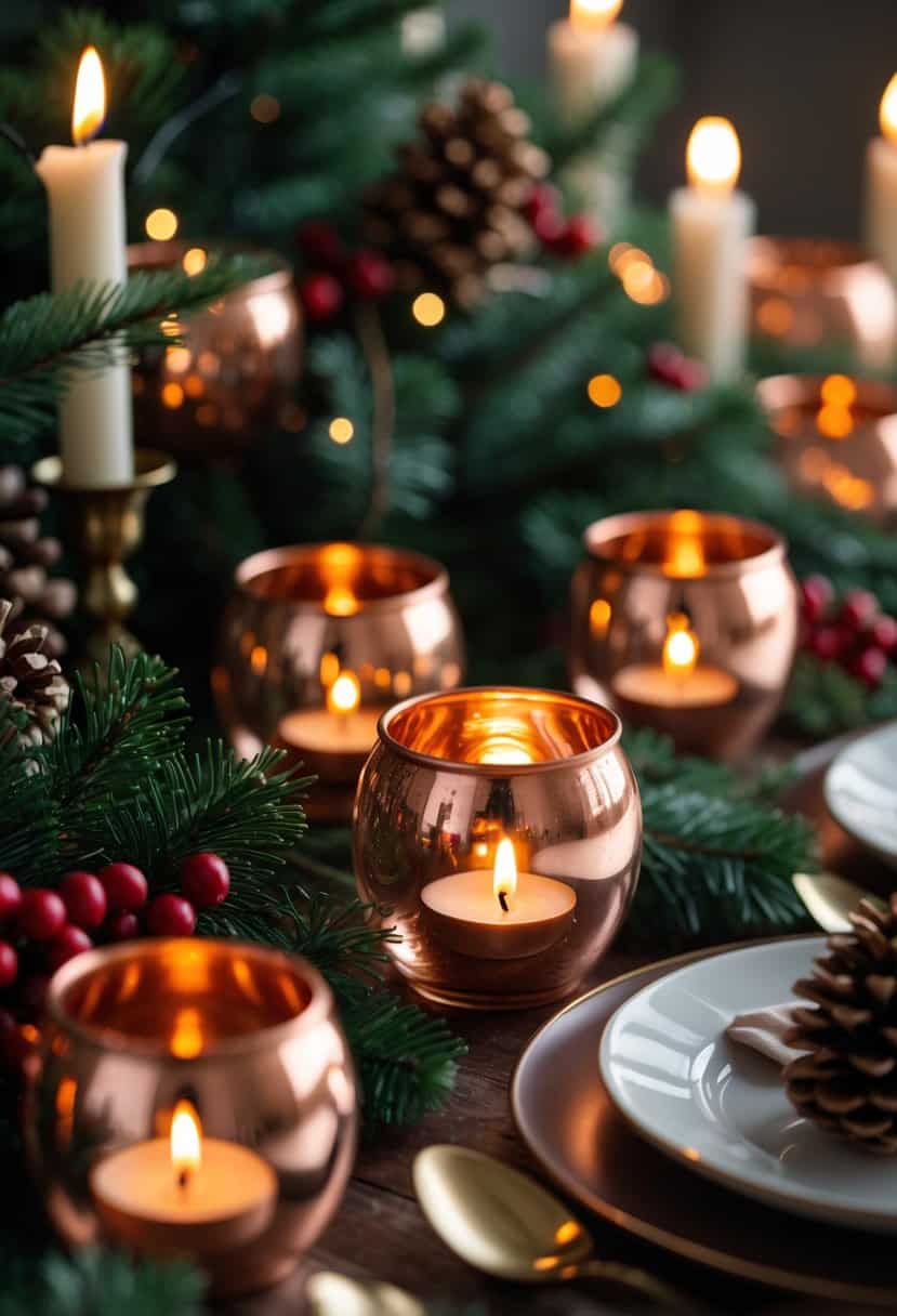 A Christmas table decorated with copper mercury glass votive candle holders, pine branches, red berries, and pinecones, softly lit by candlelight.