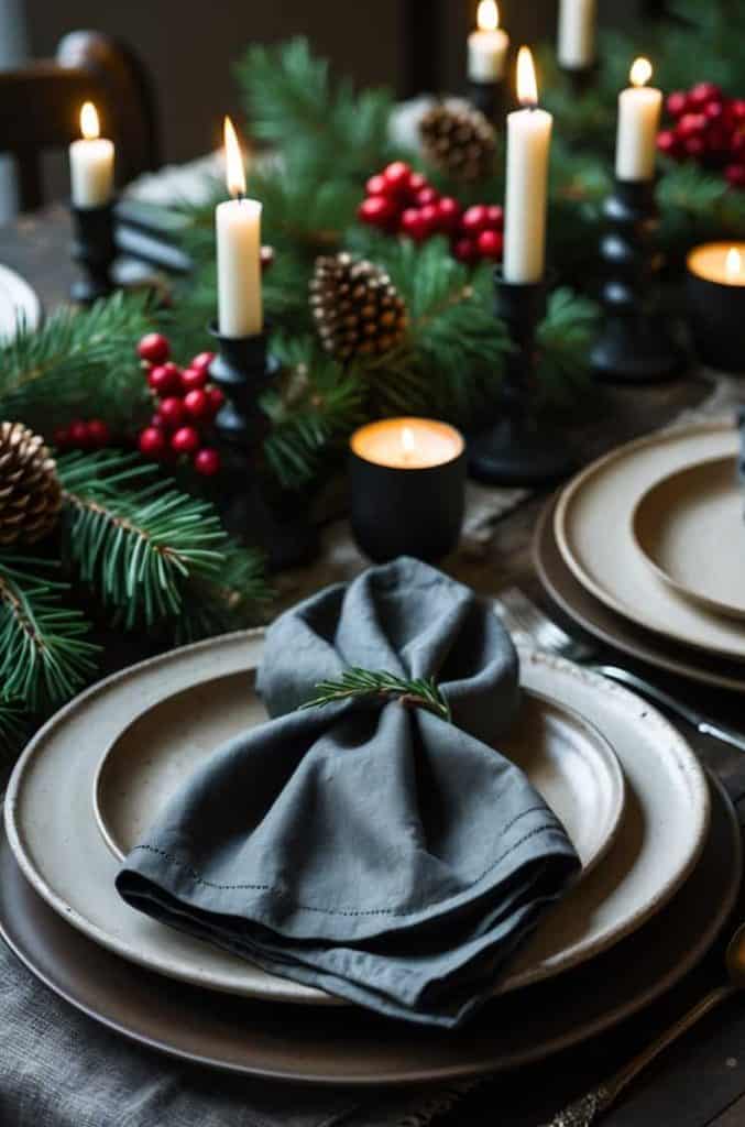 A holiday table setting with dark plates, gray napkins, pinecone and berry decorations, and lit candles on a wooden table.