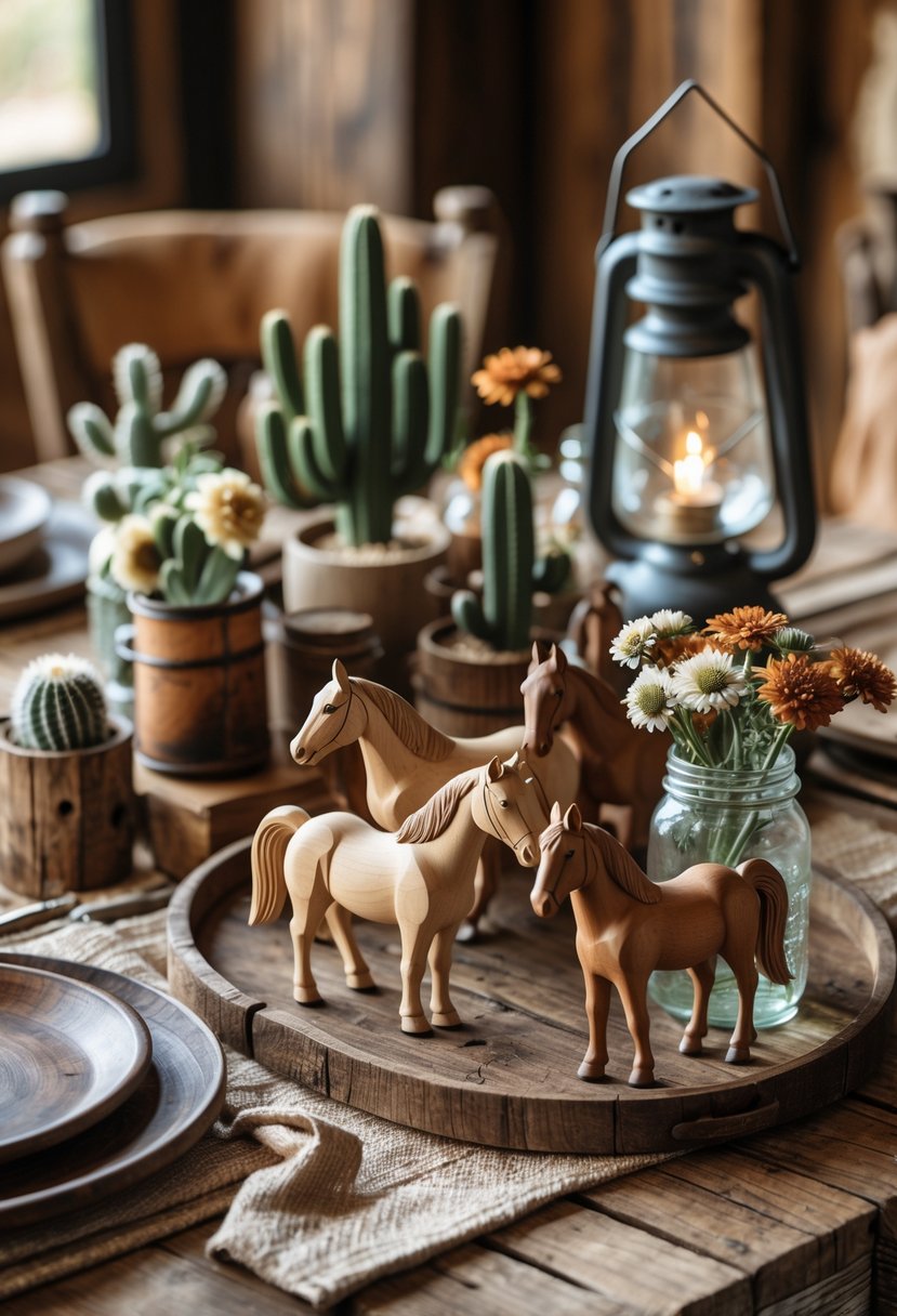 Mini wooden horse figurines displayed on a rustic western-themed table with natural wood, lanterns, cacti, and wildflowers.