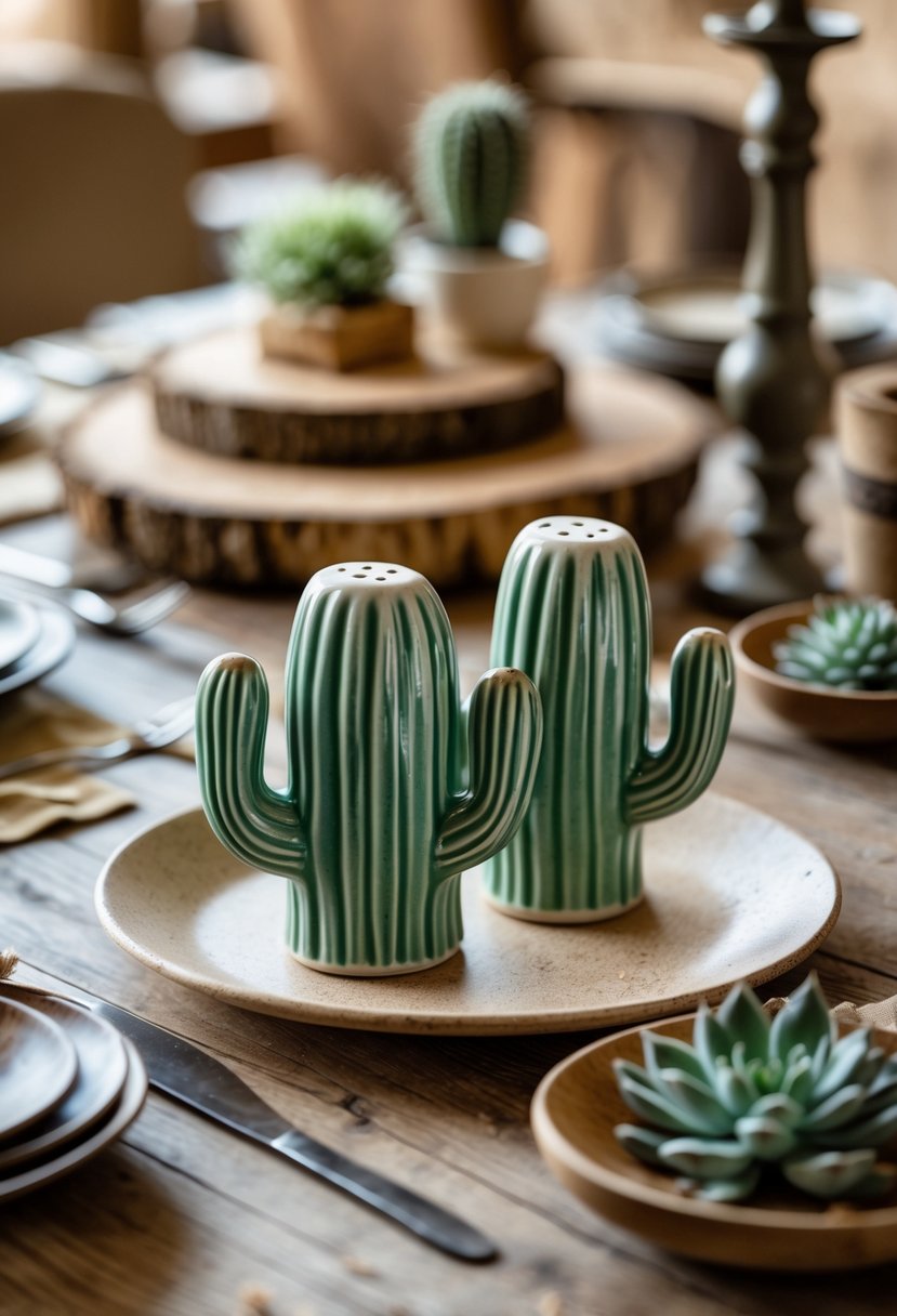 Cactus-shaped ceramic salt and pepper shakers on a rustic wooden dining table with western-style tableware and desert-themed decorations.