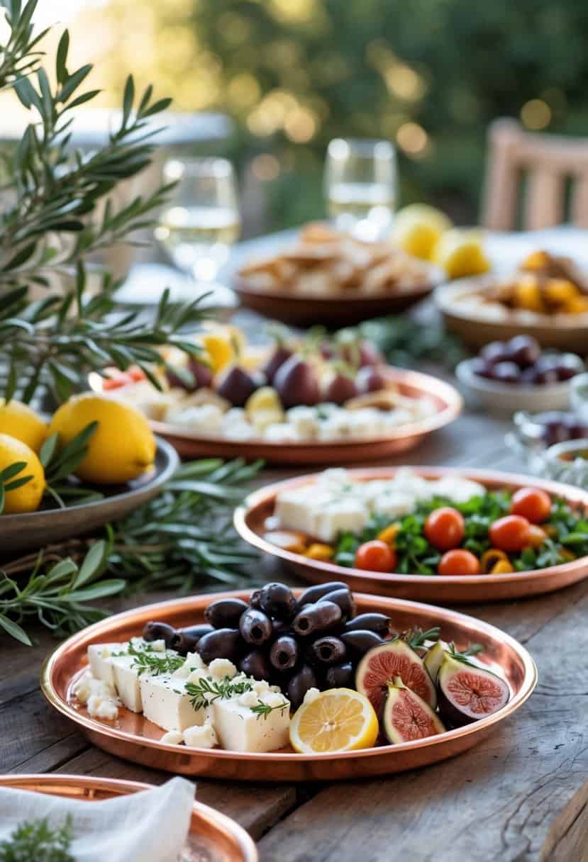 A wooden table set outdoors with copper serving trays holding Greek appetizers like olives, cheese, and pita bread, surrounded by fresh herbs and lemons.