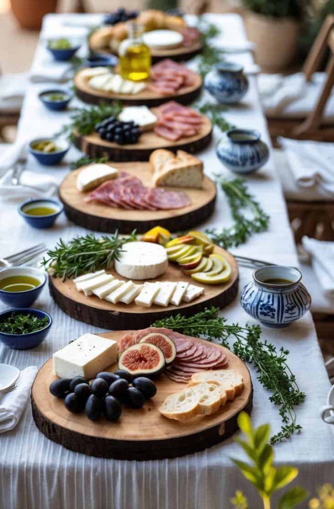 Greek Charcuterie Board with cheese, cured meats, fresh fruits, olives, herbs, and olive oil on wooden serving platters, set for outdoor dining.