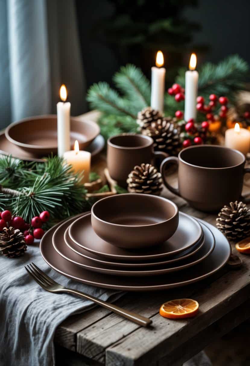 A Christmas table set with matte brown ceramic plates, bowls, mugs, pine branches, pinecones, candles, and festive decorations on a wooden surface.