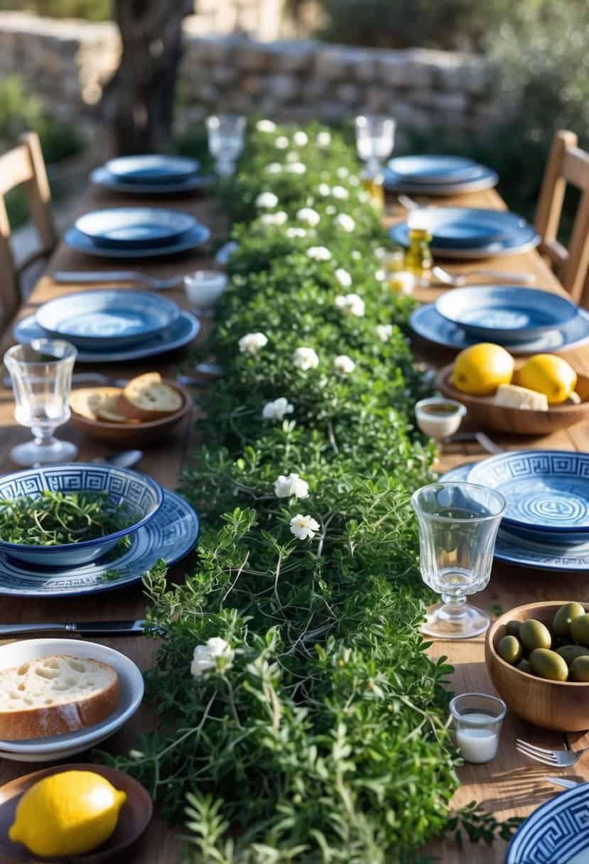 A Greek outdoor table set with fresh oregano garlands, ceramic plates, olives, lemons, bread, and olive oil in a Mediterranean setting.