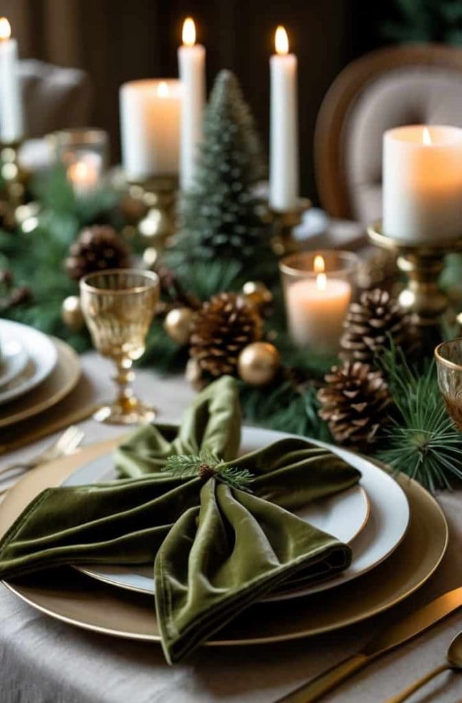 Elegant holiday table setting with green napkins folded on white plates, gold flatware, pine cones, greenery, and lit candles as centerpiece decorations.