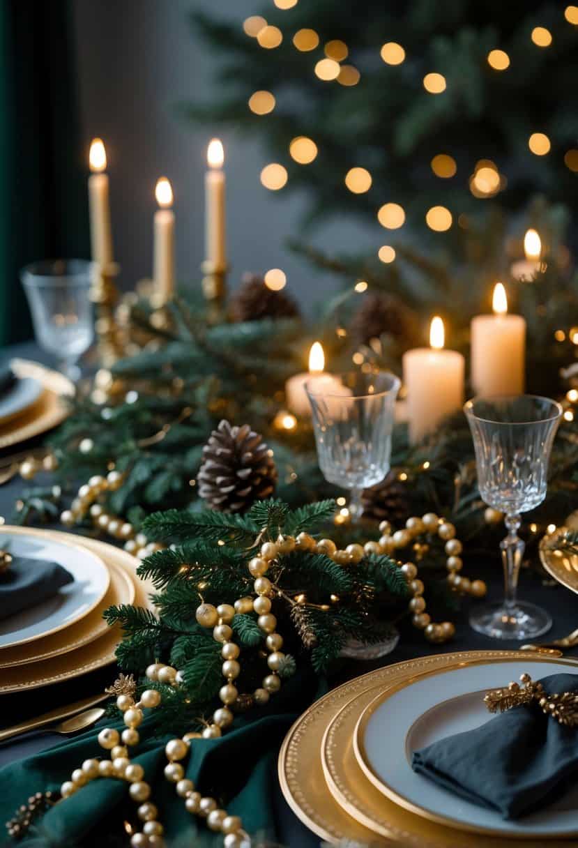 A Christmas table decorated with a golden pearl garland, evergreen branches, candles, and elegant place settings.