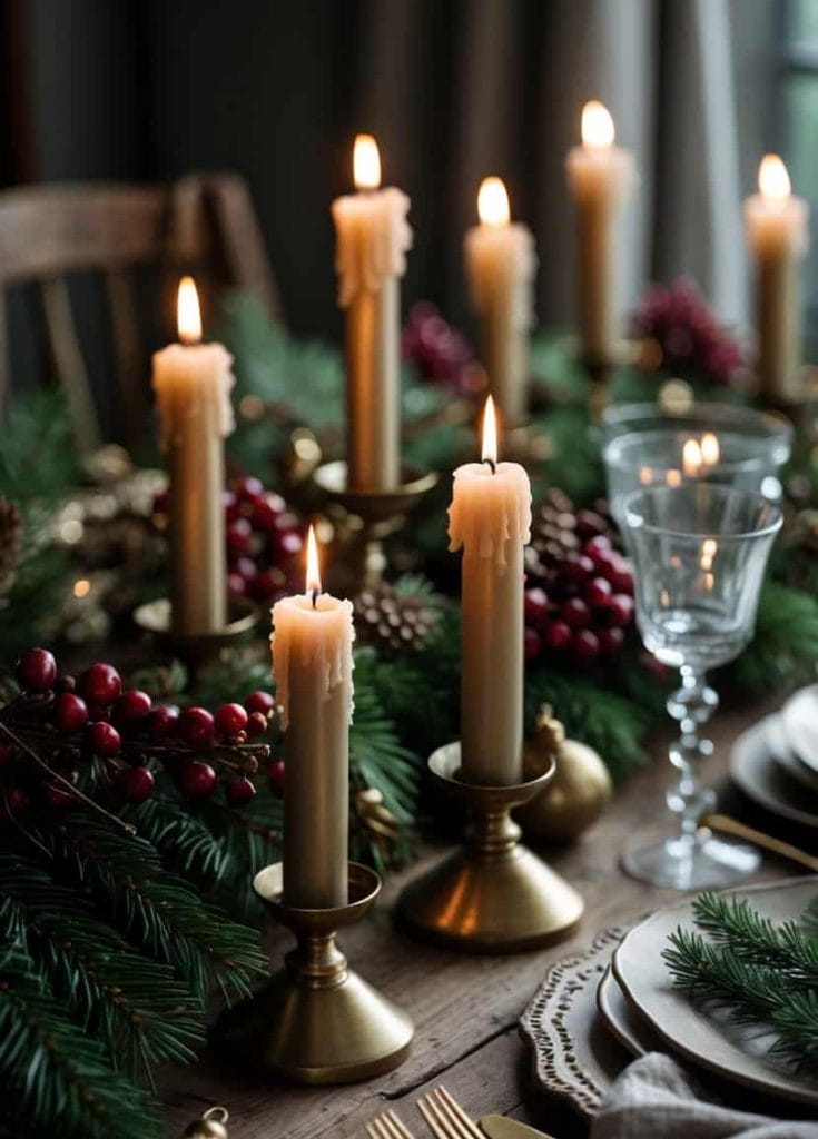 A festive table setting with lit taper candles in brass holders, pine branches, red berries, pine cones, glassware, and plates with napkins.