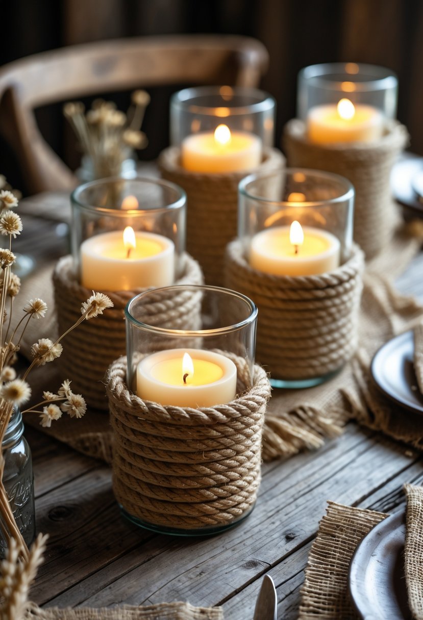 A wooden table set with rope-wrapped candle holders holding lit candles, surrounded by wildflowers and dried wheat stalks.