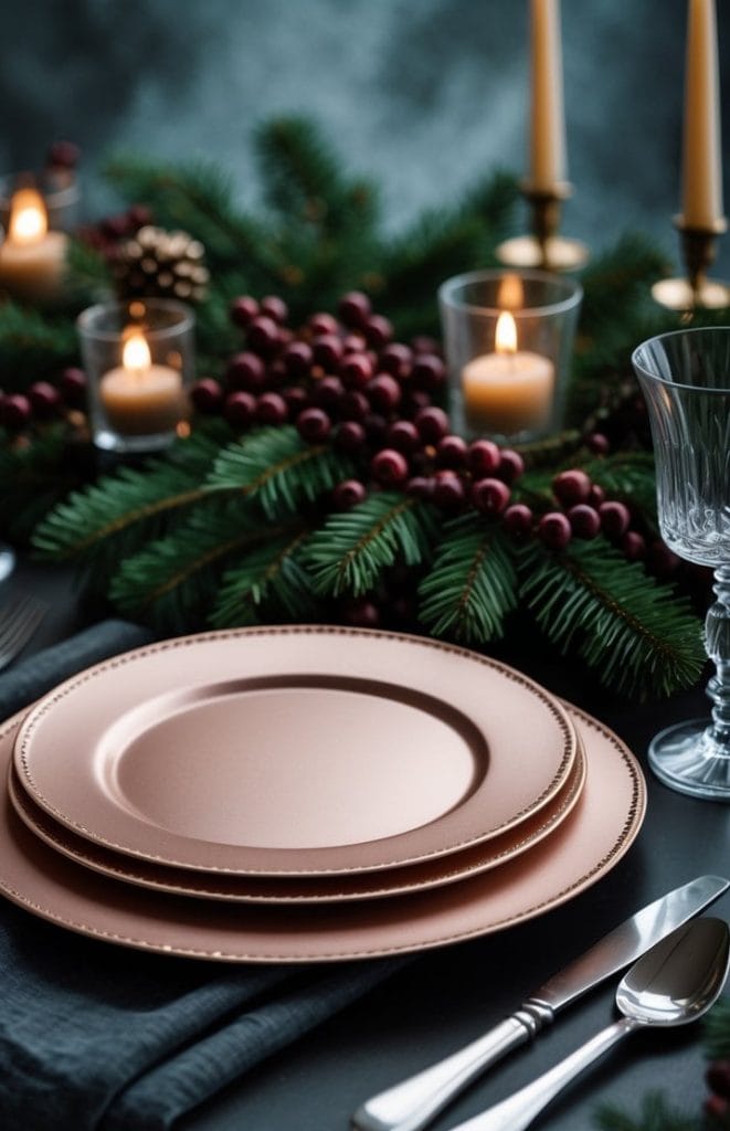 A festive table setting with gold plates, silverware, crystal glasses, lit candles, and evergreen and berry decorations.