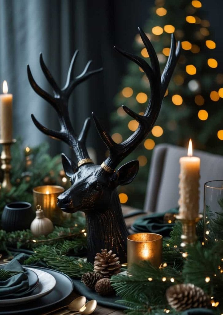 A festive dining table is decorated with a black deer head centerpiece, candles, pinecones, evergreens, and gold accents; a lit Christmas tree is visible in the background.