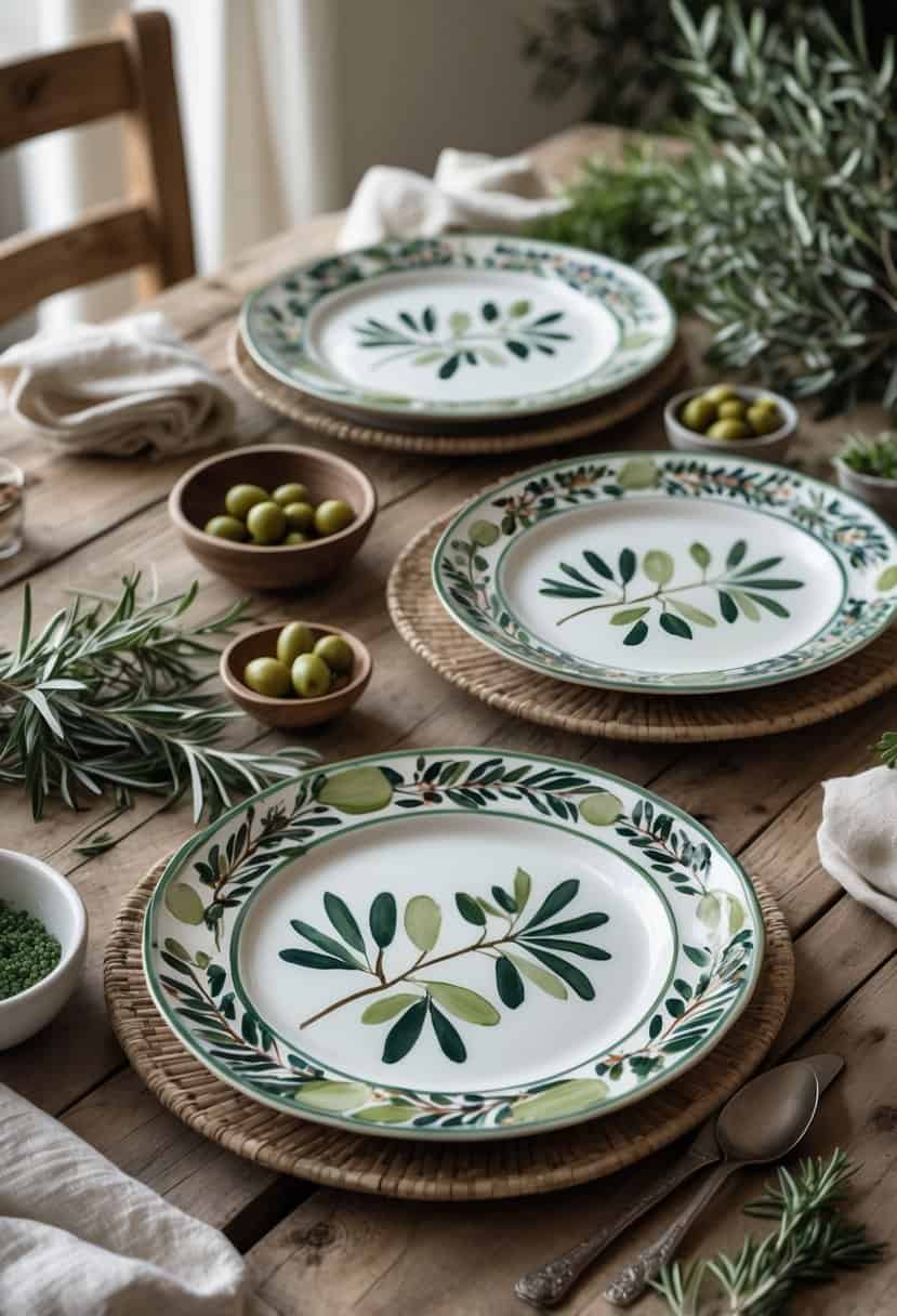 A set of ceramic plates with olive designs arranged on a wooden table with olives and herbs.