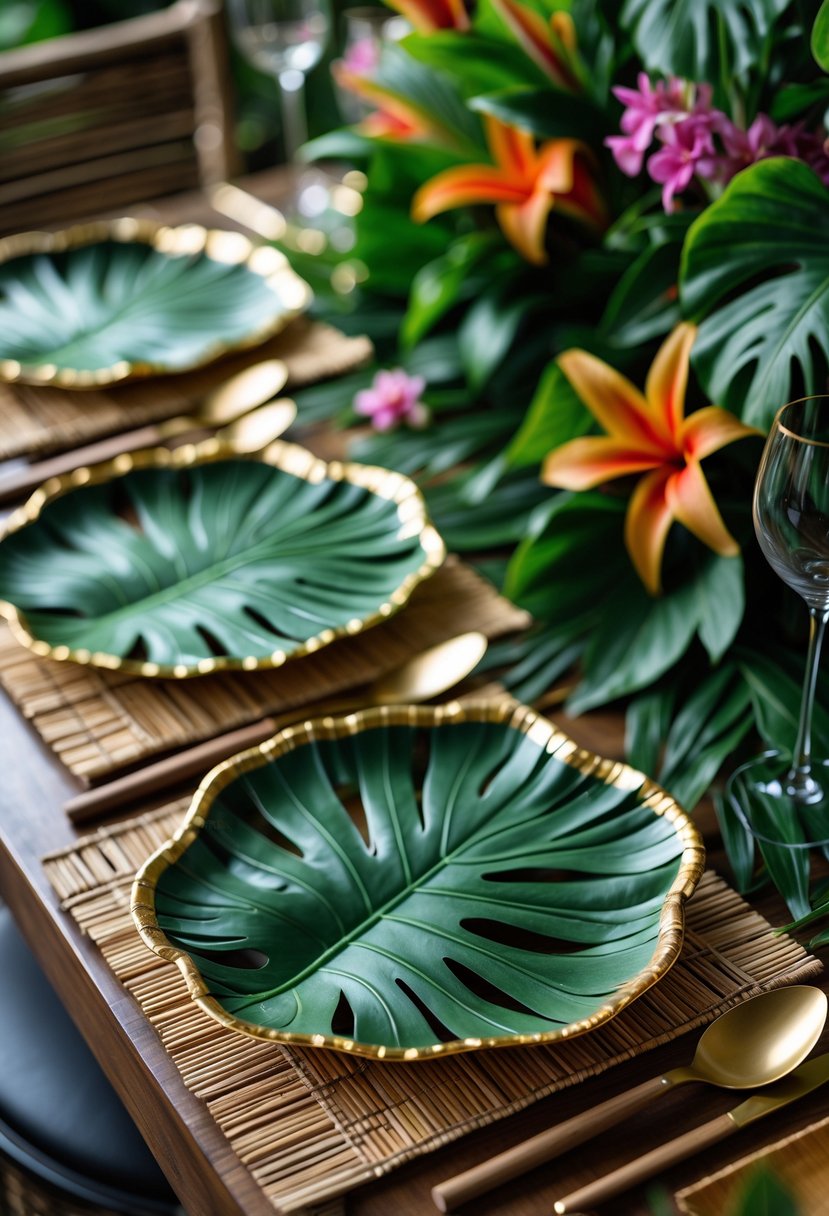 A tropical dining table set with gold-rimmed leaf-shaped plates, green foliage, and colorful flowers.