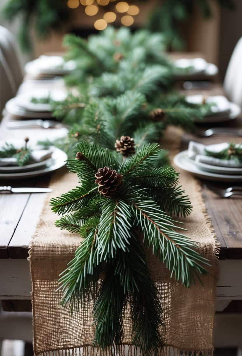 A winter table with a burlap runner decorated with woven evergreen branches.
