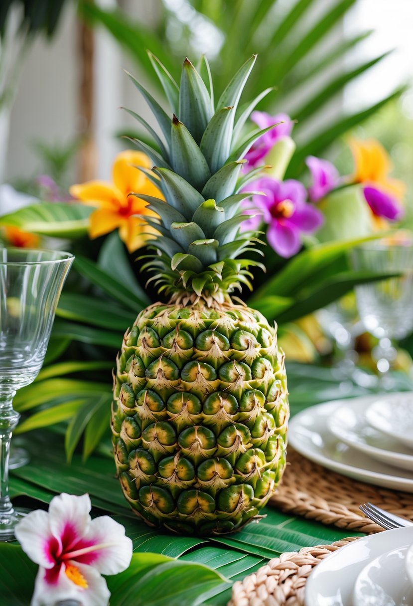 A fresh pineapple centerpiece surrounded by tropical leaves and flowers on a decorated table.