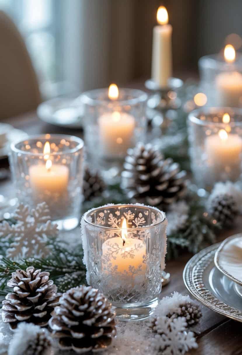 A winter table setting with crystal votive candle holders glowing softly and decorated with shimmering snow and pinecones.