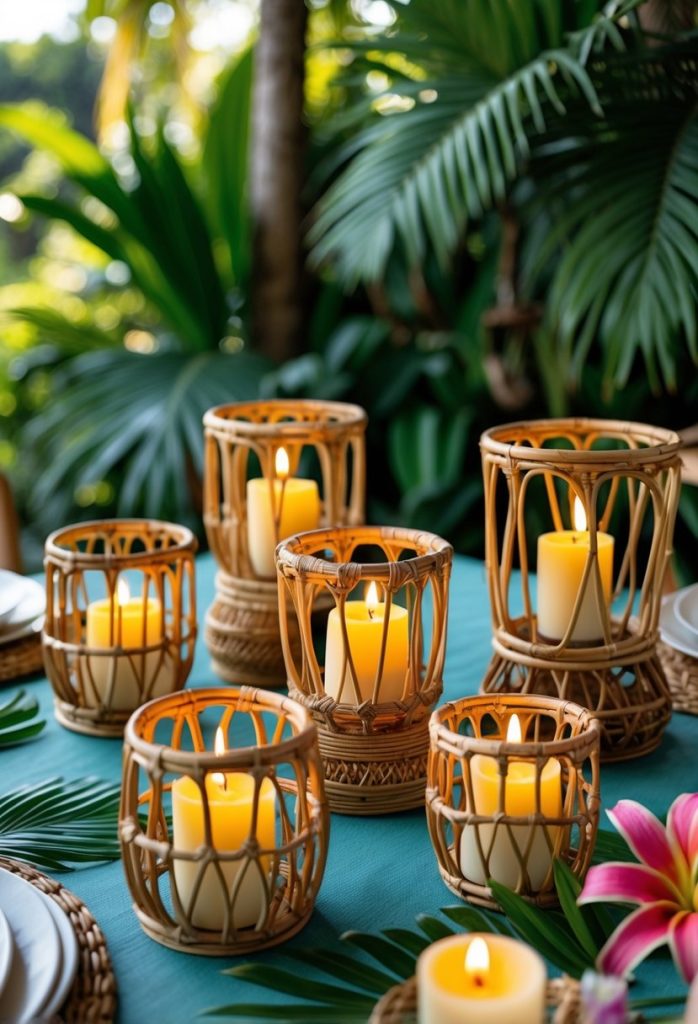 Several lit candles in woven rattan holders are arranged on a blue tablecloth, surrounded by green tropical plants and flowers.