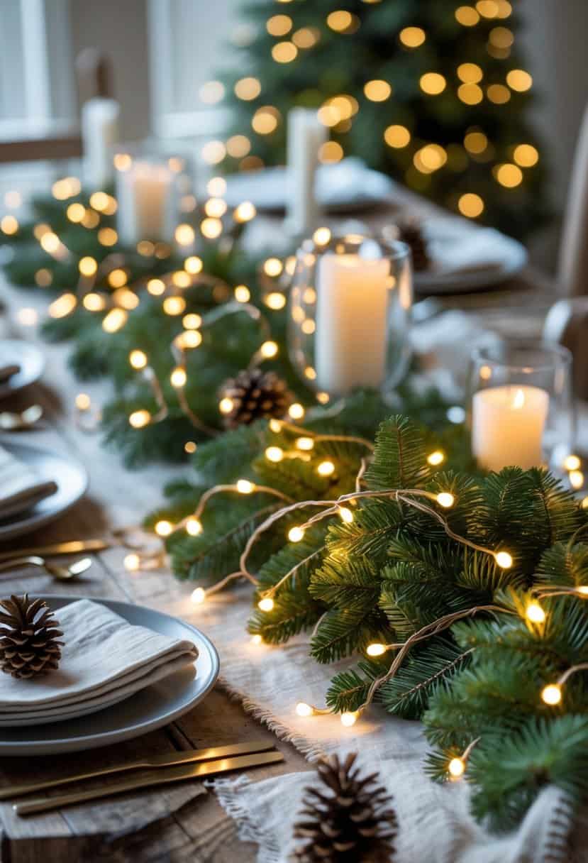 A natural pine garland with fairy lights arranged on a wooden table with candles and pinecones.