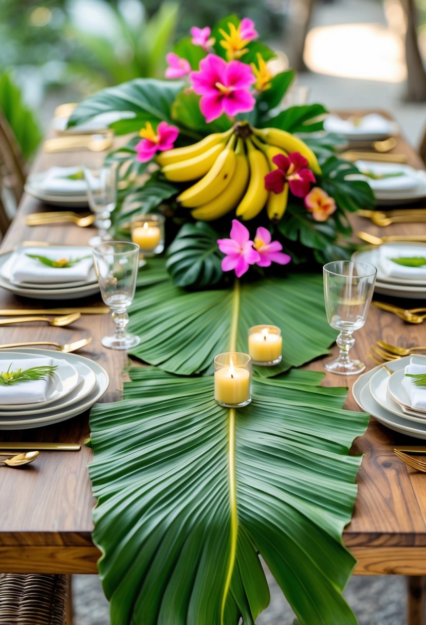 A wooden dining table set with a banana leaf table runner, surrounded by tropical flowers, bananas, plates, and glassware.