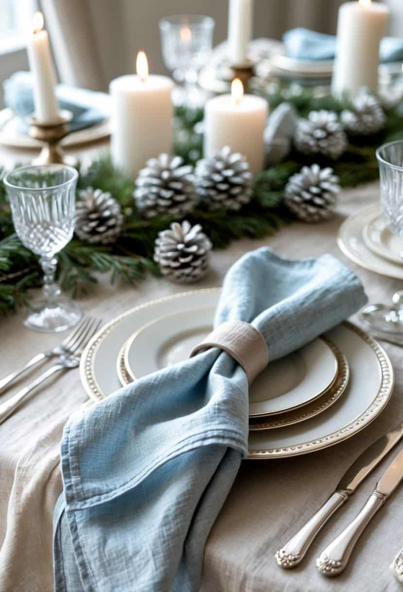 A winter dining table set with light blue and beige linen napkins, white candles, pinecones, greenery, fine china, silverware, and crystal glasses.