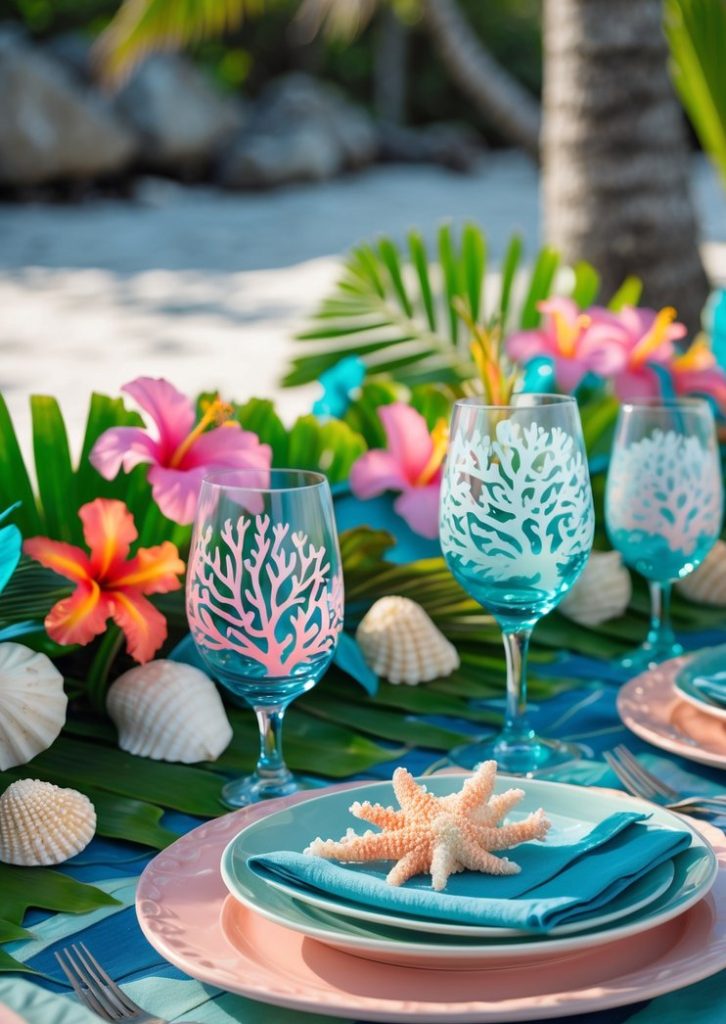 A tropical-themed table setting on the beach with coral-patterned glasses, seashells, starfish, colorful flowers, and palm leaves.
