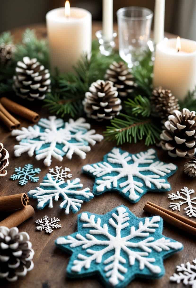 A wooden table set with handmade felt snowflake coasters surrounded by pinecones, evergreen sprigs, cinnamon sticks, and candles.