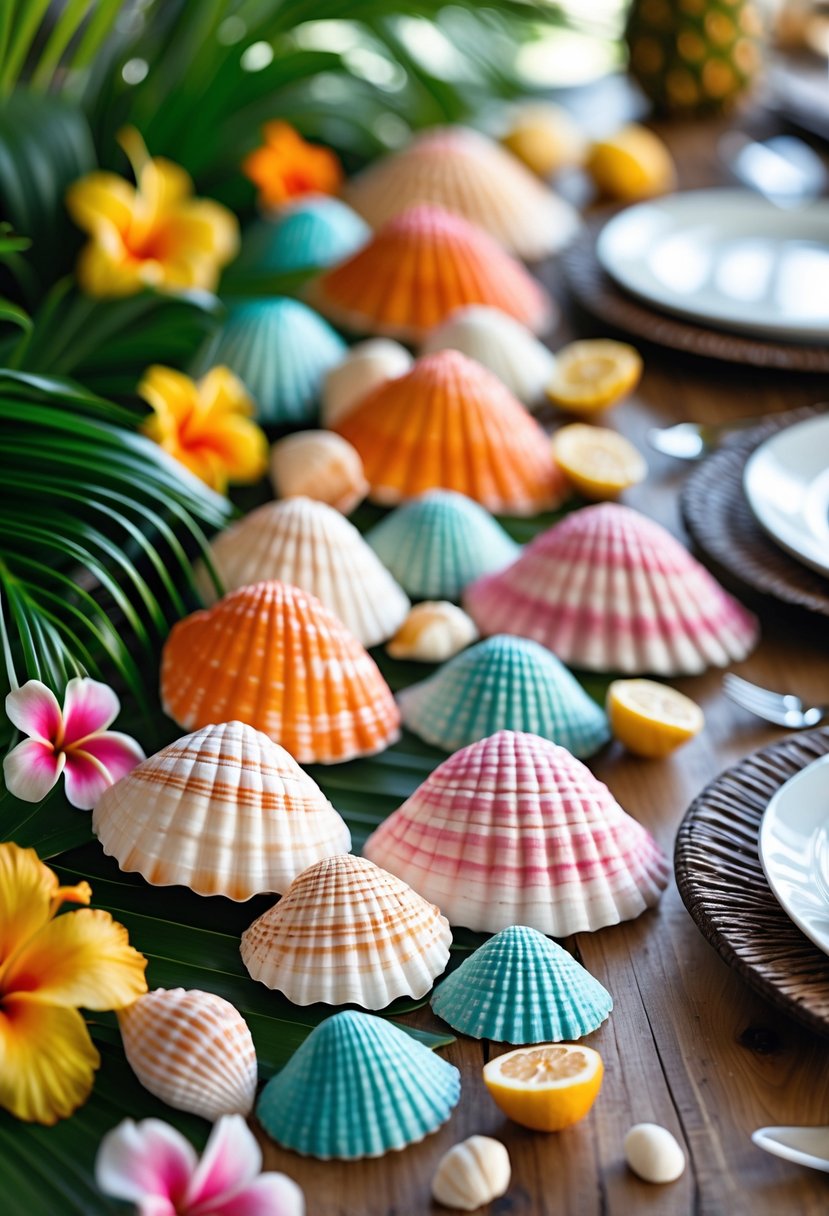 A tropical table setting with colorful seashell napkin weights holding white napkins, surrounded by green leaves and tropical flowers.