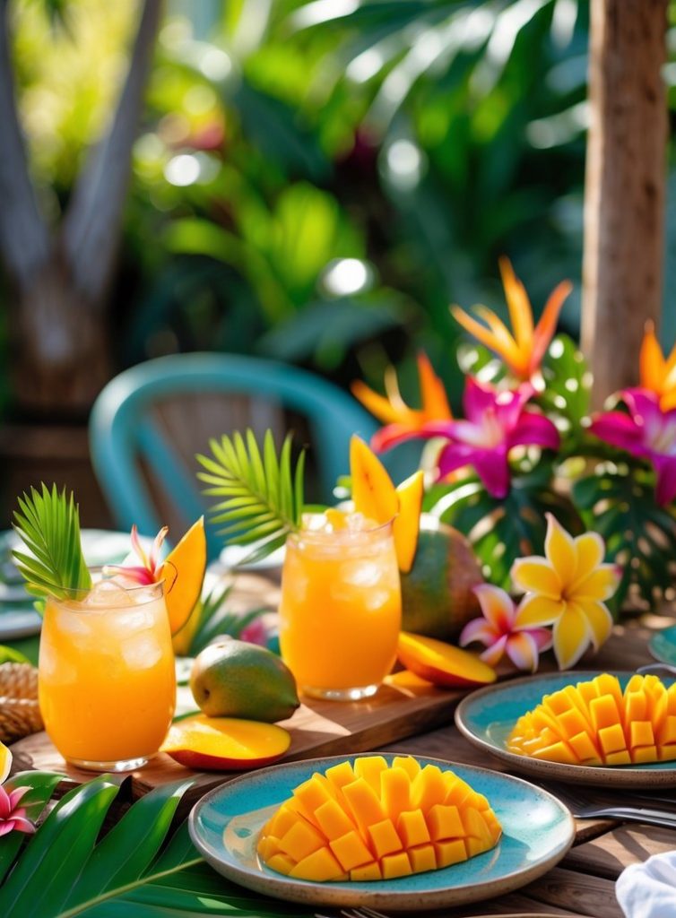 Plates of sliced mango and glasses of mango juice are arranged on a wooden table with tropical flowers and leaves, set outdoors.