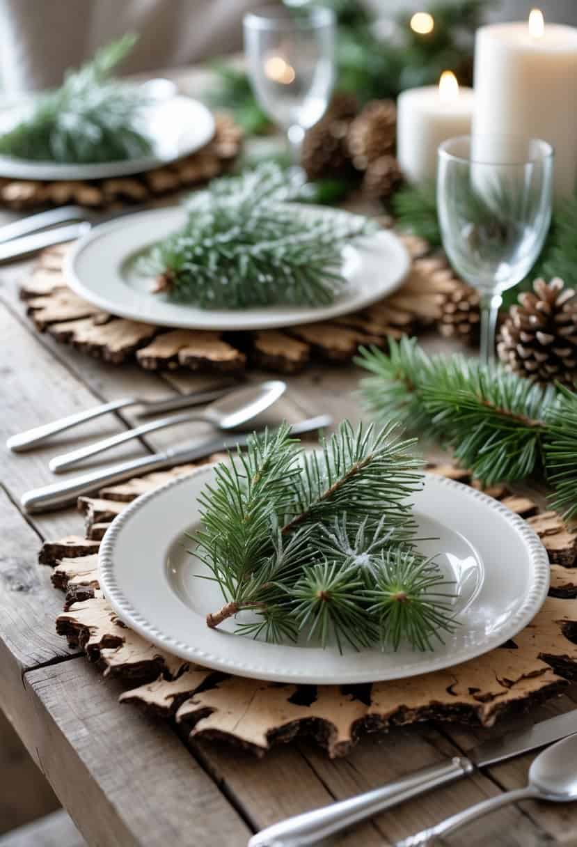 A winter table setting with natural bark placemats decorated with fresh evergreen sprigs, white plates, silver cutlery, and clear glasses on a wooden table.