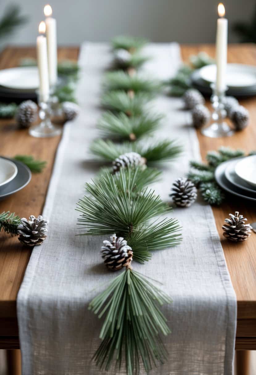 A wooden dining table with a soft gray linen table runner decorated with pine needles and small pine cones, surrounded by white candles and greenery.