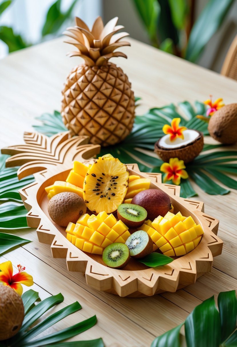Wooden pineapple-shaped serving tray filled with tropical fruits on a table decorated with palm leaves and colorful flowers.