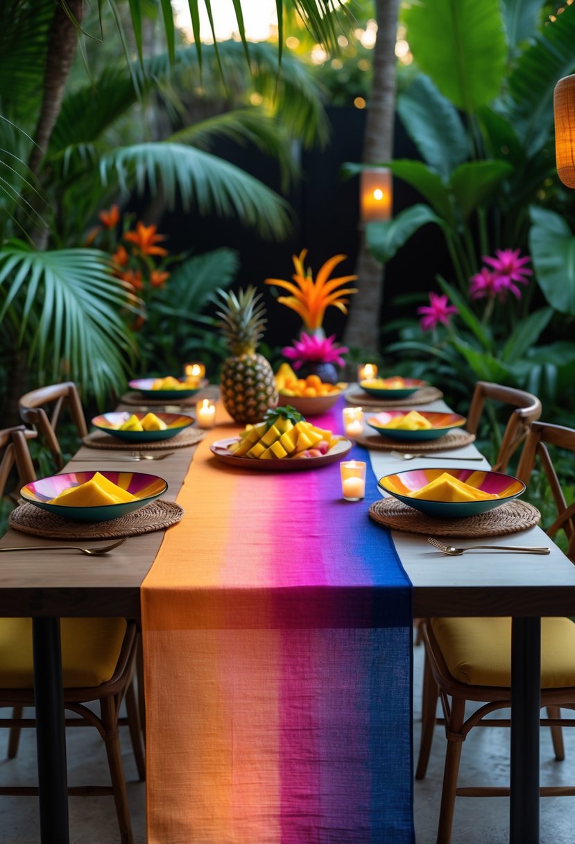 A tropical outdoor dining table set with a colorful sunset gradient table runner, surrounded by palm leaves, tropical fruits, and elegant tableware.