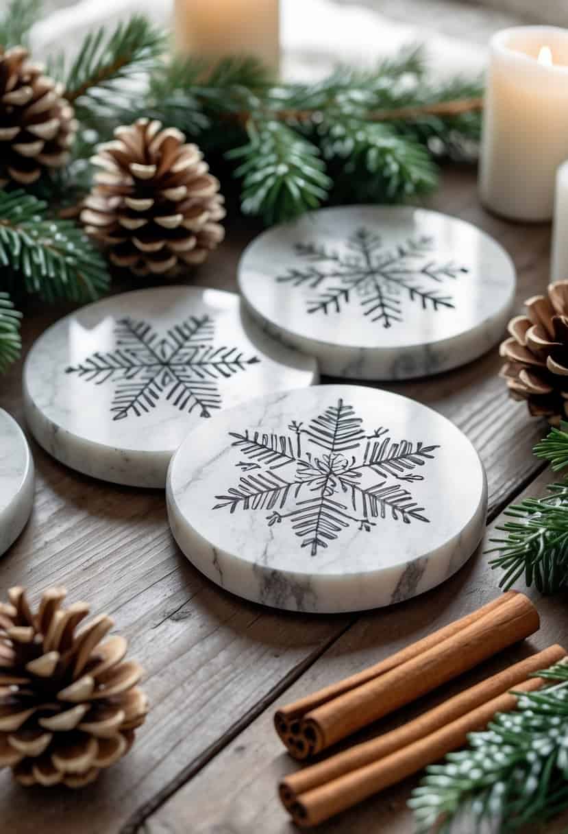 Marble coasters with winter etchings arranged on a wooden table surrounded by pinecones, evergreen sprigs, cinnamon sticks, and candles.