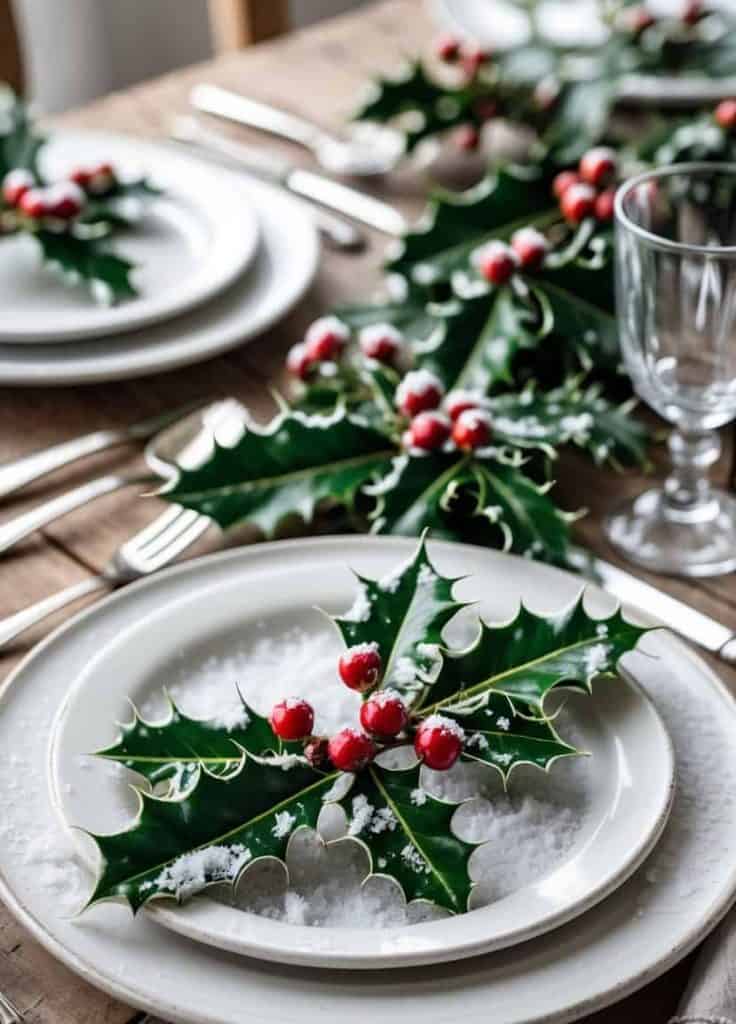 A dining table set with white plates, cutlery, and glasses, decorated with holly leaves and red berries, and sprinkled with artificial snow.