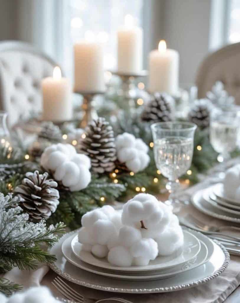 A winter-themed dining table set with white plates, crystal glasses, pinecones, faux cotton, evergreen branches, and lit pillar candles.