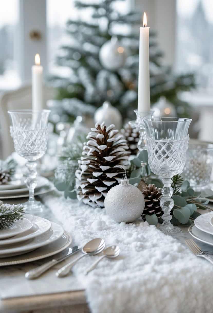 A winter-themed table setting with a soft white faux snow runner, decorated with pine cones, snowflake ornaments, candles, and greenery.