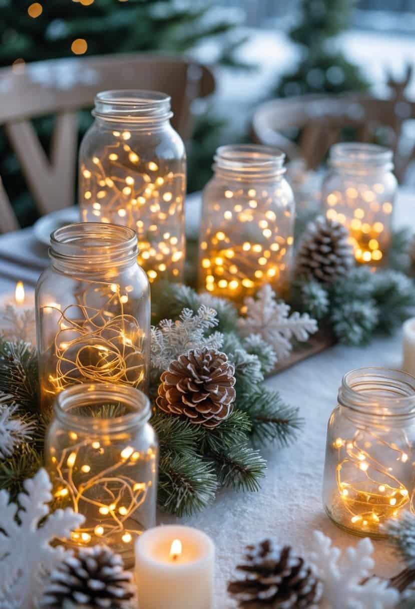 A winter-themed table decorated with glass jars filled with glowing fairy lights, pine branches, pinecones, and candles.