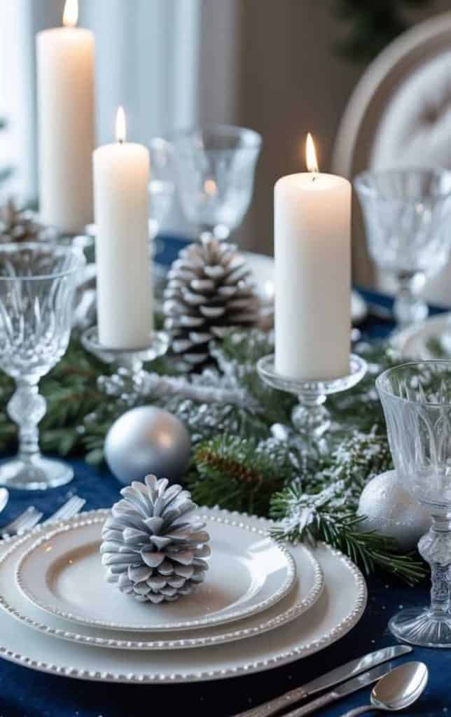 A formal winter-themed table setting with white plates, silverware, crystal glasses, white candles, pinecones, and evergreen branches on a dark blue tablecloth.